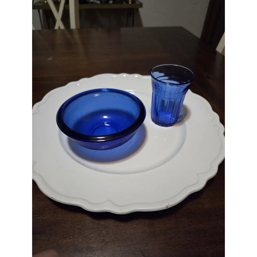 vintage Arcoroc France deep cobalt blue glass bowl  And Hazel Atlas Tumbler